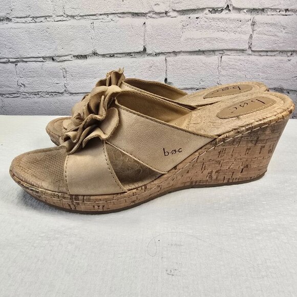 BOC BORN JAMAICA LEATHER FLOWER CORK WEDGE SLIDE SANDAL BEIGE SIZE 10 EUC WOMENS - Picture 5 of 10